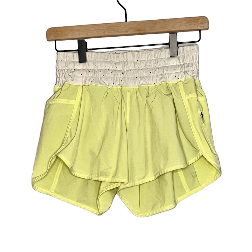 Lululemon Tracker Yellow Shorts with Multicolored Dot patterned waistband